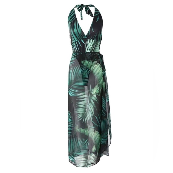 Two-piece Set Leaf Print Halter Neck Strap One-piece Swimsuit & Cover Up. - Picture 3 of 7